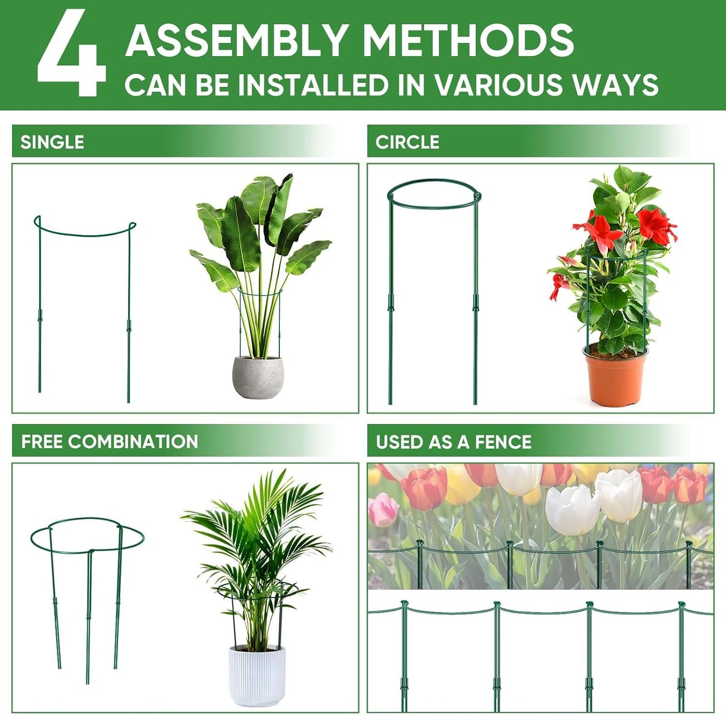 8 Pack Plant Support Stakes, Half Round Metal Garden Plant Stake Indoor Peony Cages and Supports, Green Plant Support Ring Border for Tomato,Hydrangea,Flower Outdoor (10" Wide x 15.8" High)