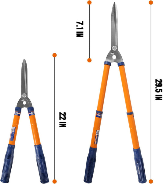 WPR1E95 Hedge Clippers:Bush Clippers With Adjustable Length Handle and Wavy SK-5 Steel Blade,Hedge Shears for Pruning Borders and Bushes, Blue and Yellow