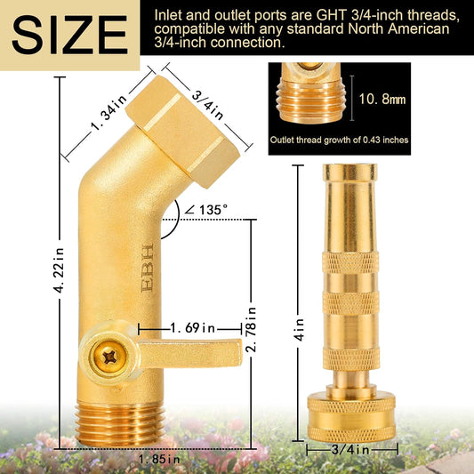 Adjustable Heavy Duty Brass Garden Hose Nozzle - High Pressure Jet Nozzle, 135° Elbow and Comfort Grip with Hose Shut Off Valve, 3/4” GHT Nozzle for Garden Hoses and Car Washes