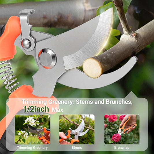 Pruning Shear, Premium Gardening Scissors for Rose Bushes, 7.5IN Garden Pruner Effortlessly Cuts 0.6IN Branches with Stainless Steel Blades Softgrip, One-Hand Lock Garden Clippers for Shrubs