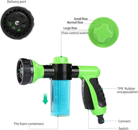 Garden Hose Nozzle, High Pressure Spray Gun Nozzle, 8 Spray Patterns for Watering Plants, Lawn, Patio, Cleaning, Showering Pet with 3.5oz/100cc Soap Dispenser Bottle