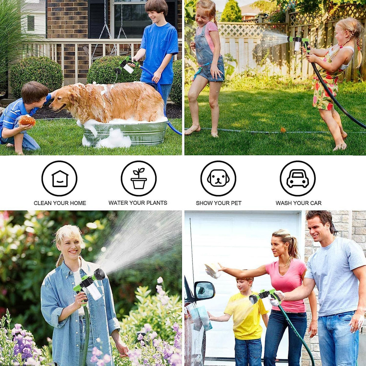 Garden Hose Nozzle, High Pressure Spray Gun Nozzle, 8 Spray Patterns for Watering Plants, Lawn, Patio, Cleaning, Showering Pet with 3.5oz/100cc Soap Dispenser Bottle