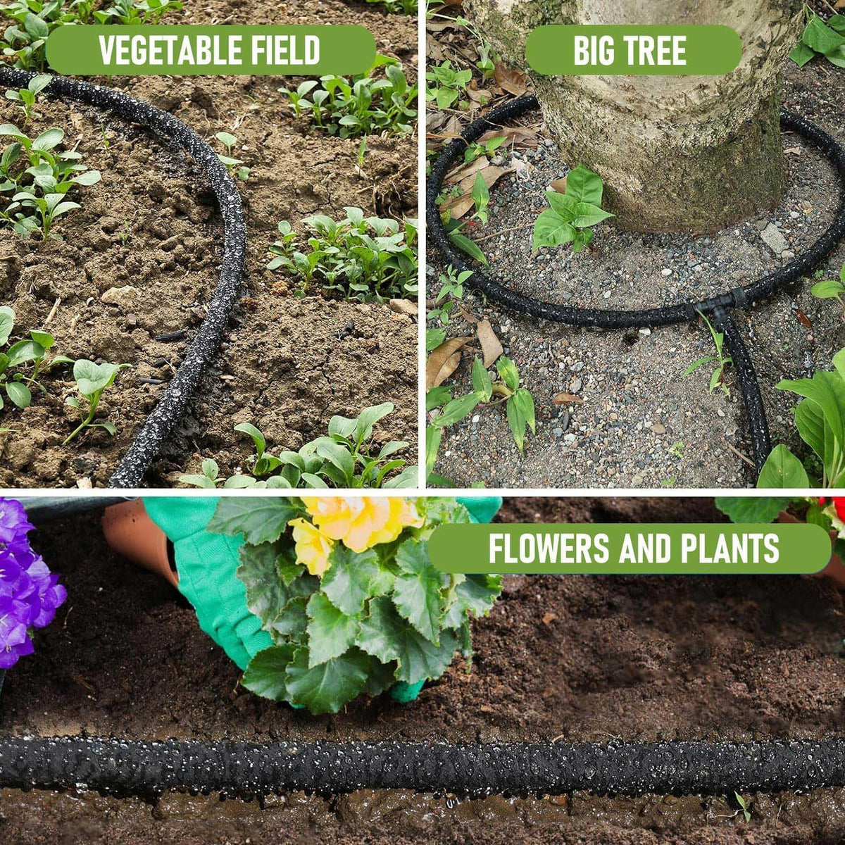 1/4 in Soaker Hose Tubing for Drip Irrigation,100FT Garden Beds Soaker Irrigation Tubing Hose with Various Accessories Rubber Longer Lasting Drip Irrigation for Watering Garden Beds Vegetable Lawn