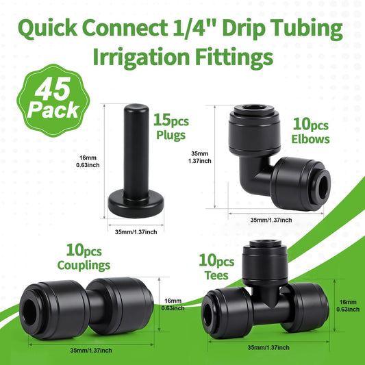 45 PCS Quick Connect 1/4" Drip Irrigation Fittings Kit, Universal Drip Line Connectors for 1/4-Inch Drip Tubing Includes Couplings Tees Elbows Plugs Parts for Irrigation System Connection