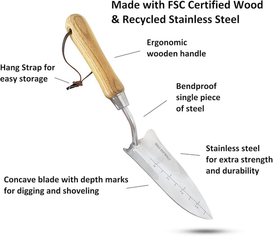 Eco Transplanter Trowel Shovel- 100% Recycled Stainless Steel - Rust Resistant - FSC Certified Wood Ergonomic Handle - Perfect Tool for Gardening Weeding Transplanting and Digging