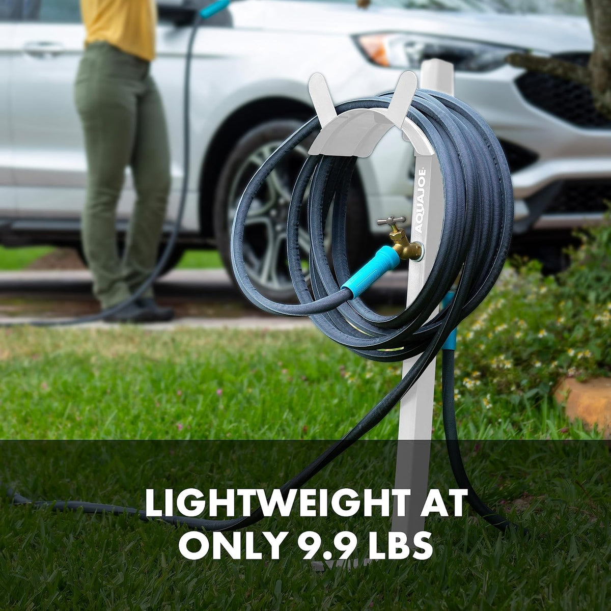 SJ-SHSBB3LIH Garden Hose Stand with Brass Faucet and 3 ft Lead in Hose, Gray