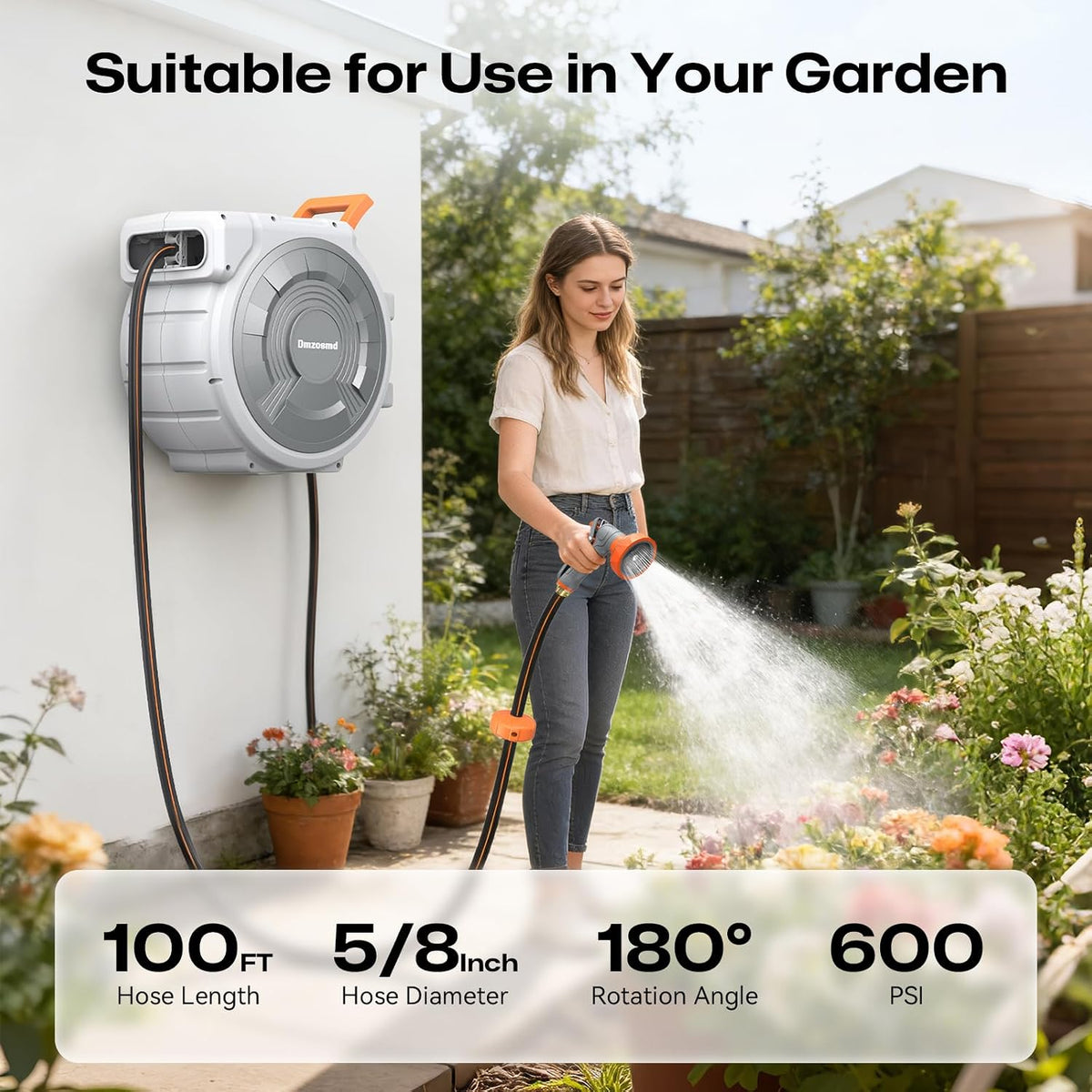 Retractable Garden Hose Reel, 1/2 Inch x 85 ft Wall Mounted, Heavy Duty Garden Hose Reel with 9 Patterns Nozzle, Any Length Lock, Upgraded Slow Return System and 180°Swivel Bracket (1/2" 85FT)