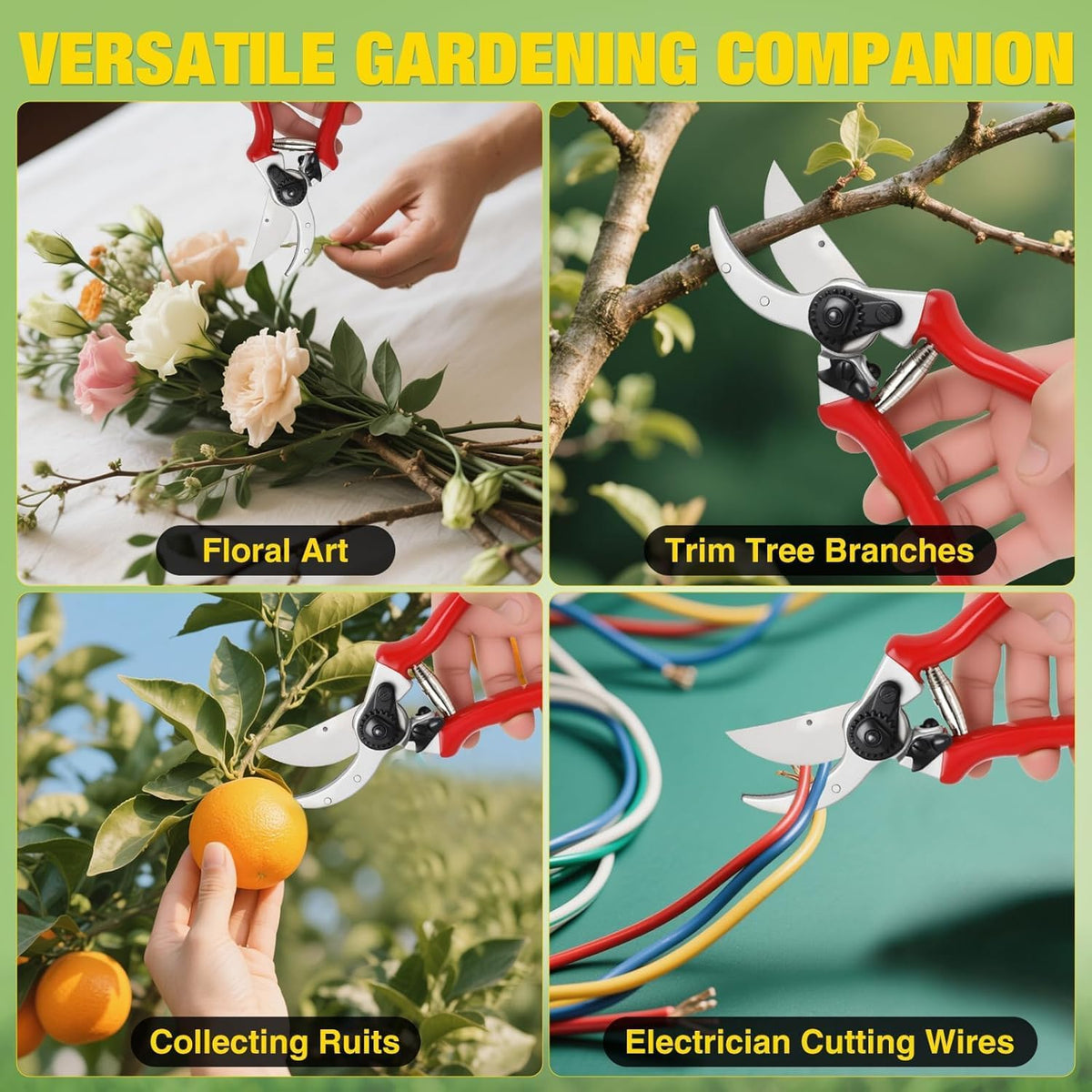 Professional Bypass Pruning Shears, 8.5 Inch SK5 Steel with Titanium, Heavy Duty Garden Clippers for Hedge Trimming (Black) (Yellow)