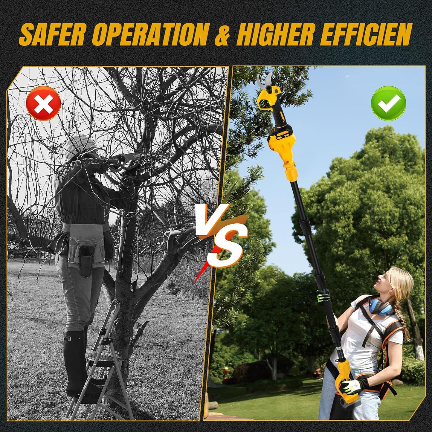 Cordless Pruning Shears Compatible with Dewalt 20V, Electric Pruning Shears with Extension Pole up to 4.57m Range, LCD Display 30 mm Battery Pruning Shears & Loppers for Garden (No Battery)