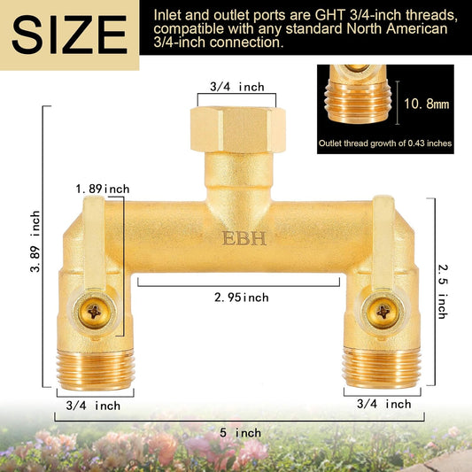 Garden Hose Splitter, Full Flow Outdoor Faucet Splitter, 2-Way High Flow Brass Heavy Duty Hose Splitter with Long Metal Handle。