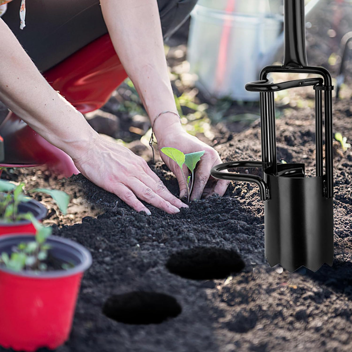 Bulb Planter Tool Long Handle, Tulip Bulb Planter Tool with Serrated Base & Double Pedal, Soft T Grip Sod Plugger, Heavy Duty Bulb Planter Tool for Digging Holes Sowing Plant Bulb