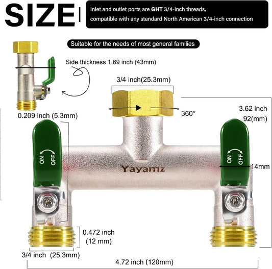 Garden Hose Splitter, 3/4” Rust and Freeze Resistant Outdoor Hose Manifold with 2 green Extra Long Handles Faucet Adapter-Heavy Duty Brass Nickel Plated 2-Way Valve