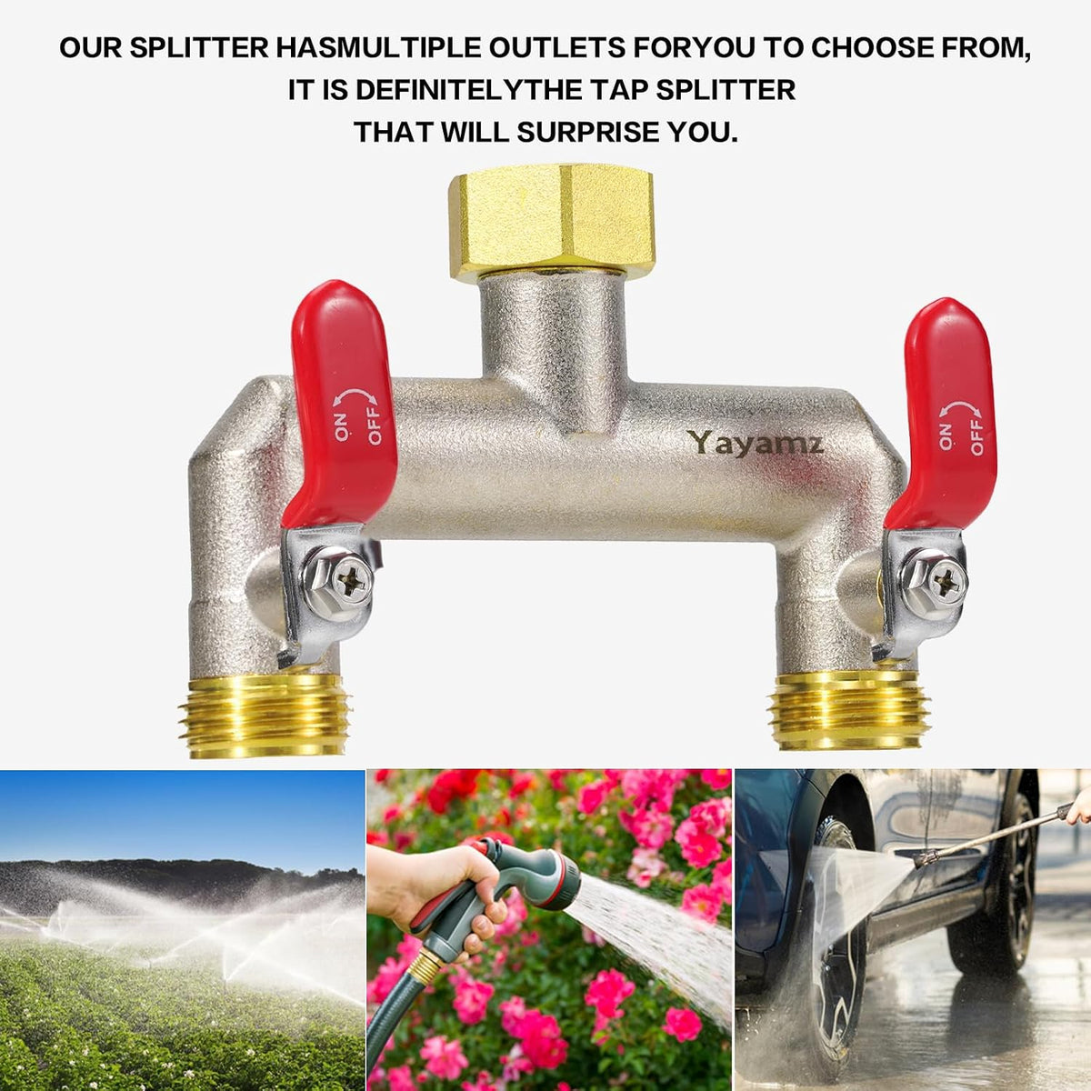 Garden Hose Splitter, 3/4” Rust and Freeze Resistant Outdoor Hose Manifold with 2 green Extra Long Handles Faucet Adapter-Heavy Duty Brass Nickel Plated 2-Way Valve