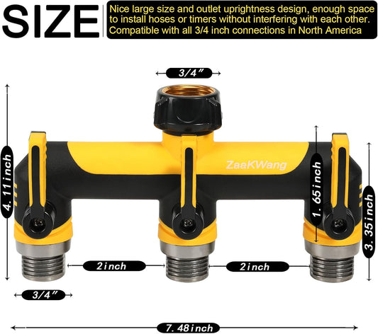 Full Flow Heavy Duty 3 Way Hose Splitter, Rugged Garden Faucet Adapter, Spout Diverter T - Way Adapter with Extended Handle, 3/4” GHT Thread, Yellow