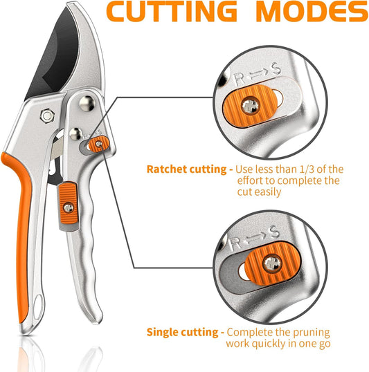 Pruning Shears, Gardening Tools - Garden Shears with Ratchet Anvil, Professional Pruners for Gardening, Garden Clippers/Pruning Scissors with Stainless Steel Blades & Non-slip Handle