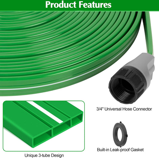 Sprinkler Hose with Holes, 50FT Heavy Duty Flat Soaker Hose, Watering Garden Drip Irrigation Hose – No-Kink High-Efficiency Sprinklers System for Yard, Lawn and Garden with 20 Staples