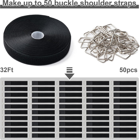 1" x32Ft Hook and Loop Straps with 50 Metal Buckles,Black