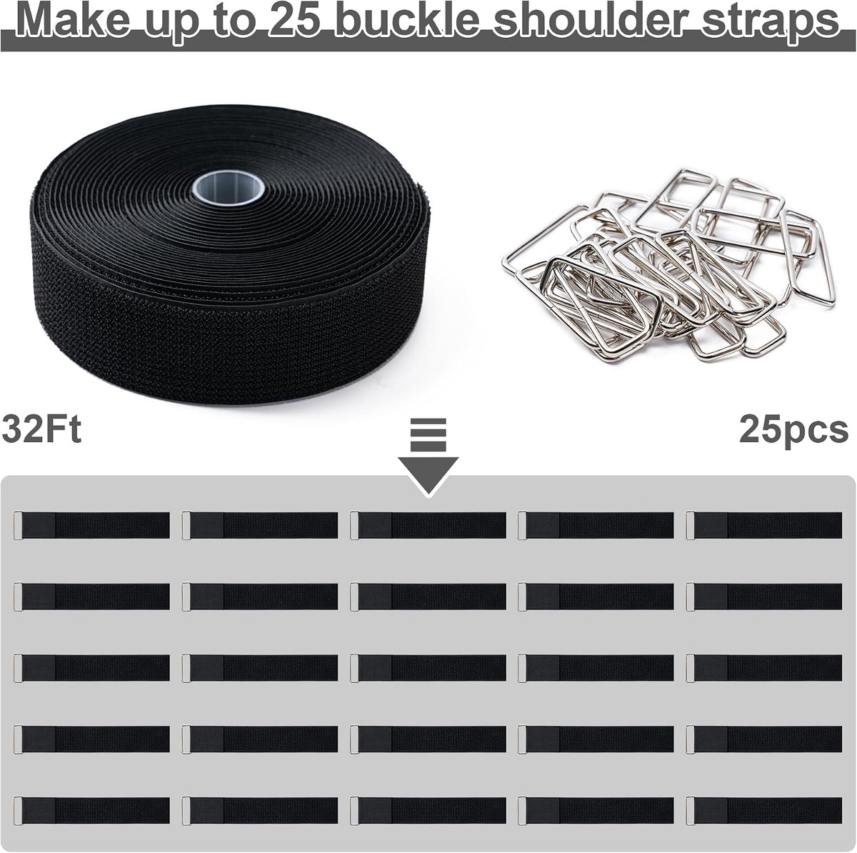 1" x32Ft Hook and Loop Straps with 50 Metal Buckles,Black