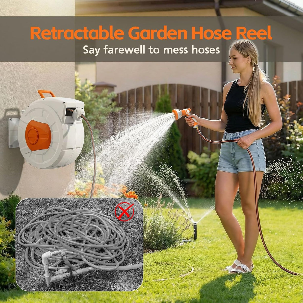 Retractable Garden Hose Reel 100 FT, 1/2" Heavy Duty Garden Hose