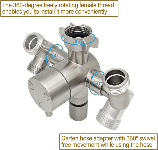 Stainless Steel Multi-Function Outdoor Faucet with Dual Garden Hose Adapter, Heavy Duty Outdoor Water Splitter with Extra Tap for Hand Washing, Bucket Filling (Dual Hose)