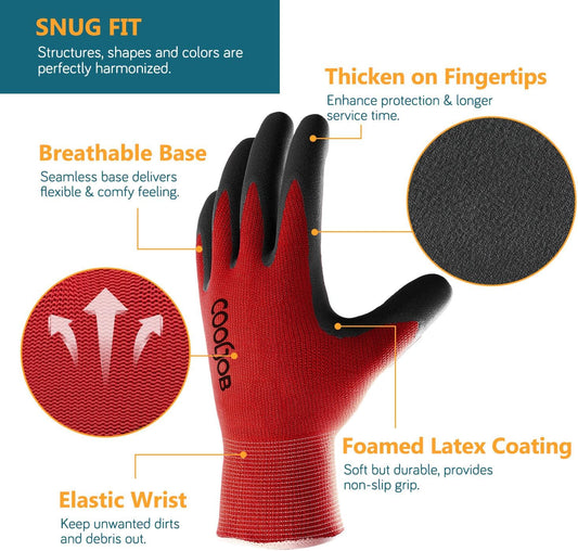 Gardening Gloves for Men, 2 Pairs Breathable Rubber Coated for Garden Weeding Landscaping, Outside Work for Lawn Yard, Men's Large Size, Black & Red