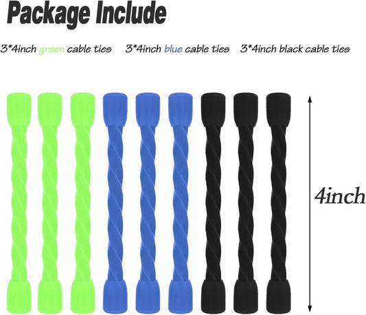 9PCS 4 Inch Silicone Cable Ties, Reusable Bendable Rubber Twist Ties