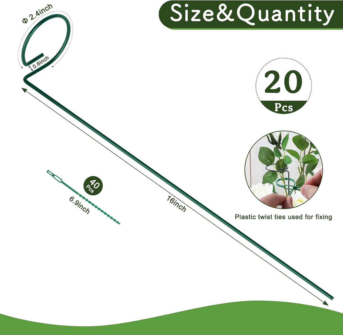 16 Inch 12 Pack Plant Support Stakes, Metal Garden Flower Stakes and Supports for Outdoor Plants, Plant Stem Support with 24 Twist Ties for Amaryllis Lily Rose Peony Tomatoes Gladiolus