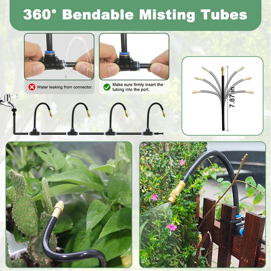 65.6Ft 360° Adjustable Drip Irrigation System Kit, Automatic Garden Watering System with 20 Copper Nozzles, Atomizing Misting Watering System with 360° Bending Dropper for Plant Lawn Patio