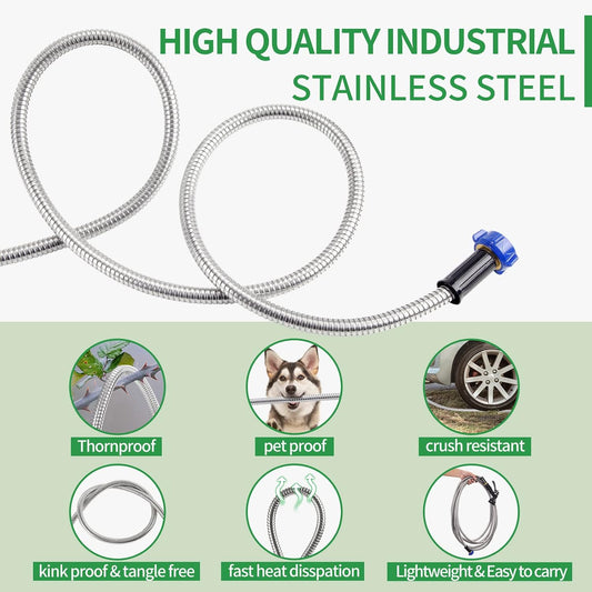 304 Stainless Steel Garden Hose, 100 ft Metal Garden Hose with 3/4" Connector Fittings and Sprayer, Heavy Duty Kink Free Flexible Outdoor Water Hose, Blue