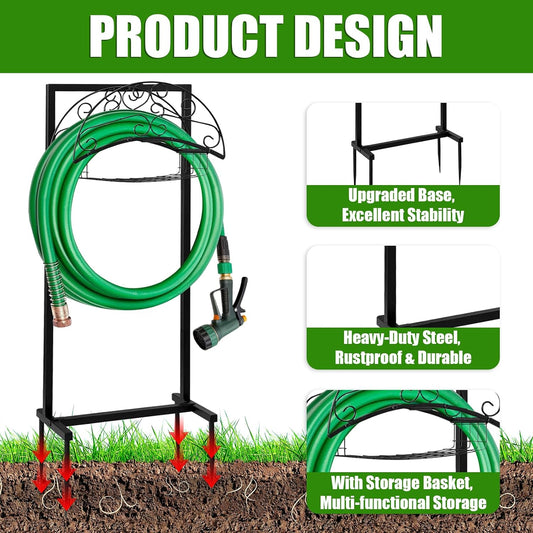 Freestanding Garden Hose Holder with Storage Basket, Black