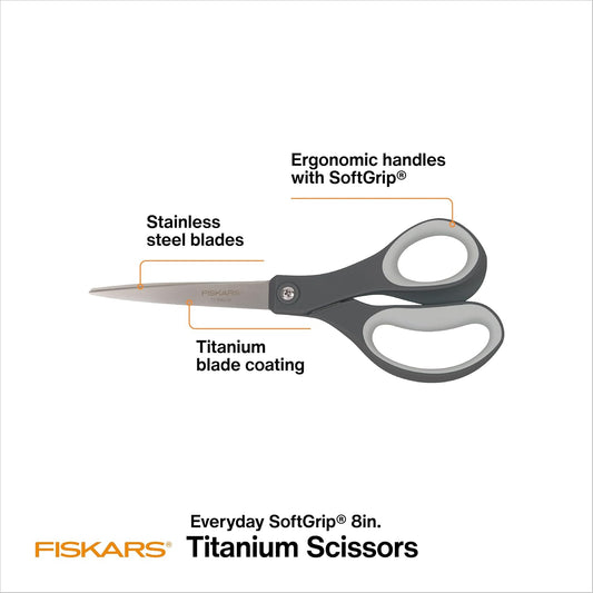 8" Everyday Titanium SoftGrip All Purpose Scissors for Office, Gray