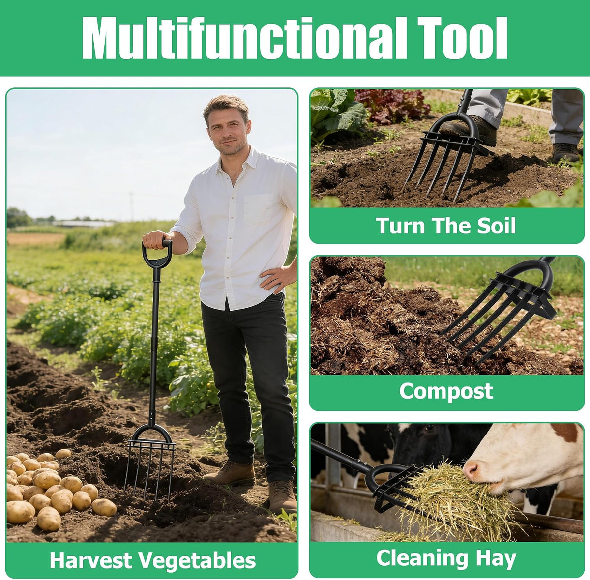 Pitch Fork, 69" Heavy Duty Metal Garden Fork for Loosening Soil Broadfork with Ergonomic D-Grip Handle, 5-Tine Digging Fork Hay Fork for Compost,Mulching,Manure.