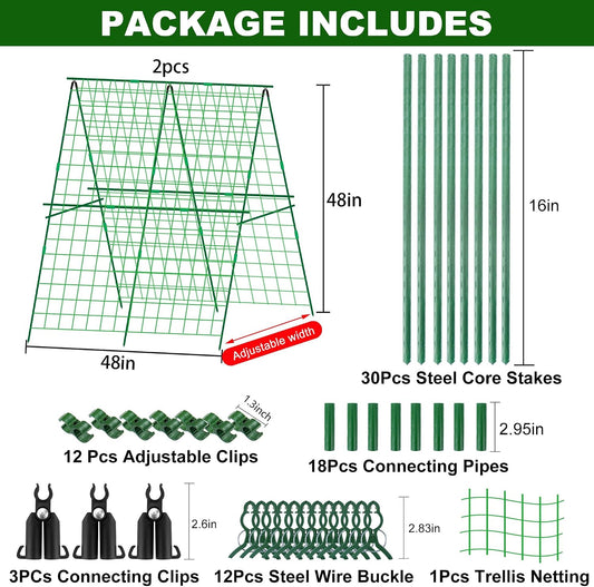 2 Packs 48" x 48" Foldable Cucumber Trellis for Raised Bed- A-Frame Garden Trellis for Climbing Plant Outdoor with Climbing Net & Plant Support Clip for Outdoor Plants Zucchini Vegetables Flowers