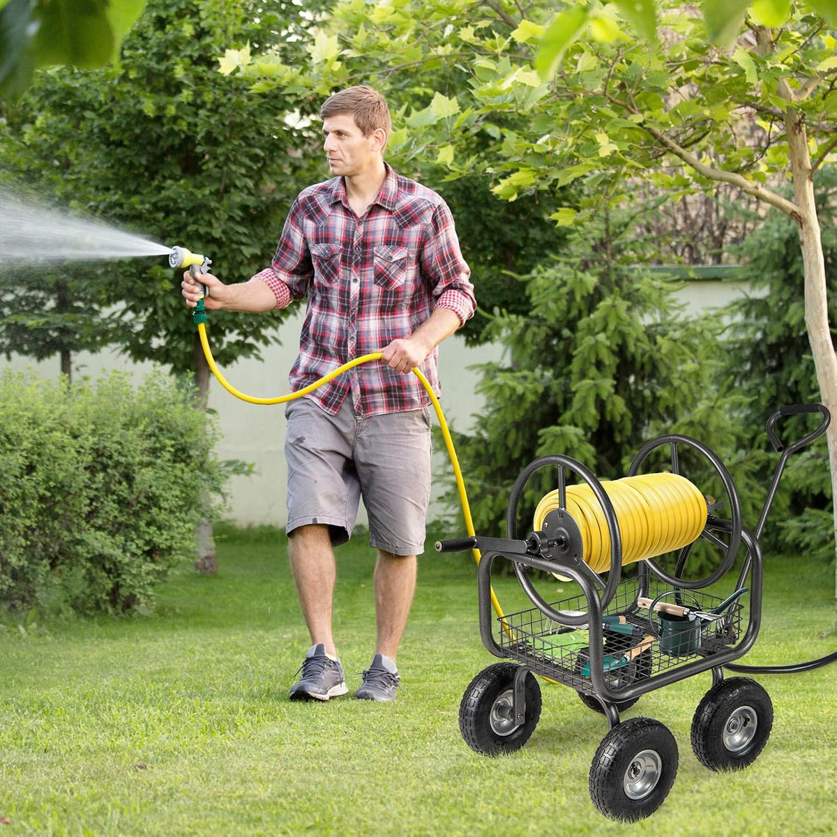 Hose Reel Cart, Hold Up to 300 ft of 5/8" Hoses, Metal Water Hoses Carts with Storage Basket, 4 Pneumatic Tires, Handle & Grip, Garden Hose Organizer for Backyard, Lawn & Patio