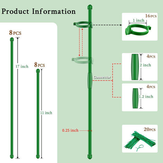 Plant Stakes 17inch &11inch Adjustable Length Plant Support Stake 16Pcs Orchid Stick with Clips for Indoor Outdoor,Garden Pole for Potted Tomato Amaryllis Vegetables Comes with 20 Ties (Green)