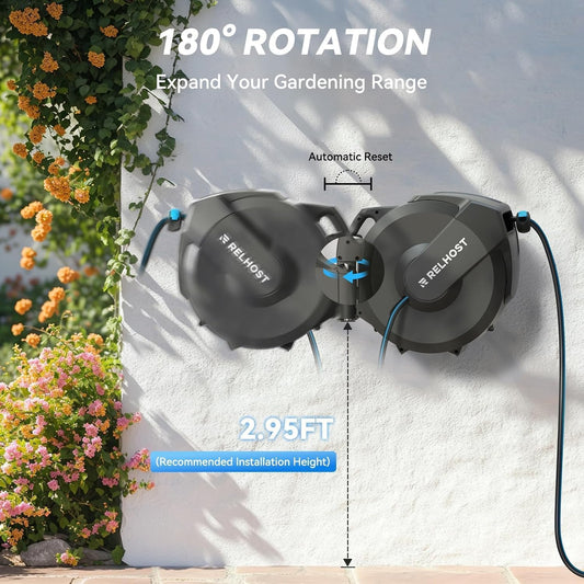Retractable Garden Hose Reel, 1/2 in x 100 ft Wall Mount Heavy Duty Hose Reel with Any-Length Lock, Auto Rewind System, 180° Swivel Bracket, and 10-Pattern Nozzle for Garden, Dark Grey