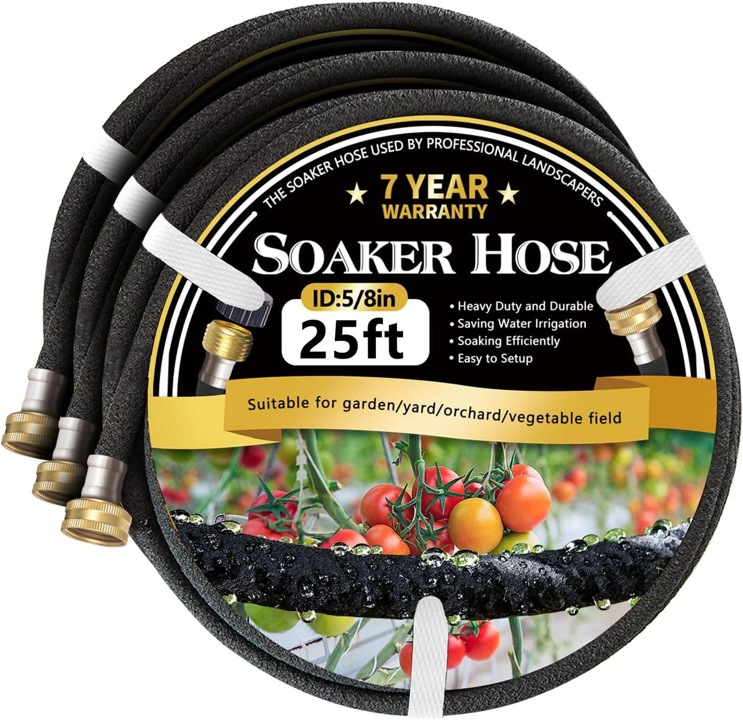 5/8’’ Soaker Hose 25 ft 2 Pack, Heavy Duty Garden Soaker Hoses with Solid Brass Fitting, Rubber Drip Hose for Garden Beds, Vegetable, Lawn, Trees Watering Irrigation (25 ft 2 Pack)