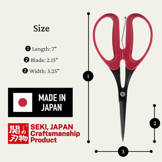 Trimming Scissors for Gardening 7" - Japanese Floral Garden Scissors for Plants, Flowers, Herbs - Japanese Stainless Steel Blade with Non-Stick Coating - Spring Loaded Handle - Made in JAPAN