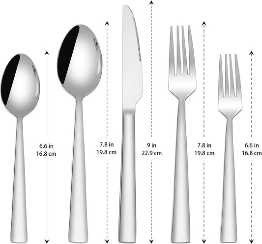 Silverware Set for 2, 10-Piece Stainless Steel Flatware Cutlery Set, Square Edge Kitchen Utensil Include Knives/Forks/Spoons, Tableware for Home/Hotel, Mirror Polished Dishwasher Safe