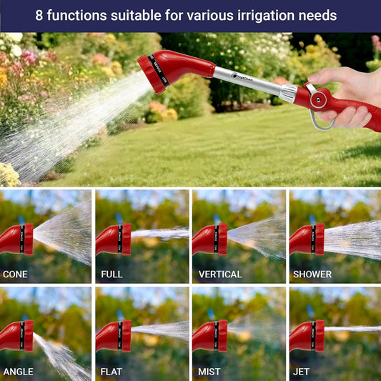 Garden Hose Wand, 16-Inch Heavy Duty Zinc Alloy & Aluminum Watering Wand with 8 Spray Patterns Thumb Control for Hanging Baskets, Garden, Cleaning (Red)
