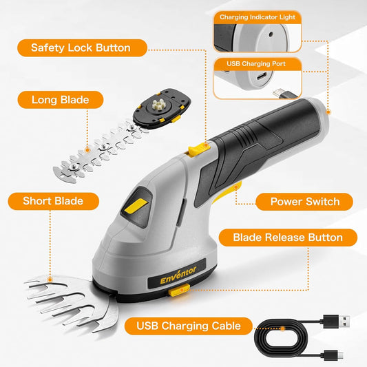 Enventor Cordless Grass Shears with 2 Blades, 7.4 V, 2000 mAh Rechargeable