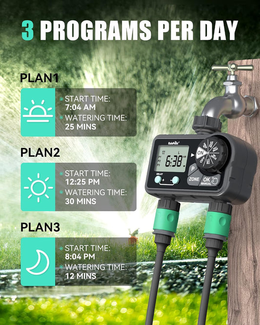 Sprinkler Timer with 3 Different Programs, Hose Timer for Garden Hose with Rain Delay/Manual Watering/Automatic Irrigation System for Garden, 2 Outlet