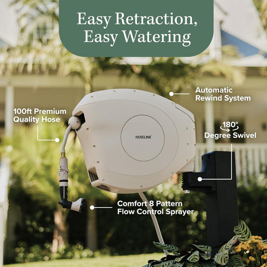 HOSELINK Classic Beige 100ft Automatic Retractable Garden Hose Reel, 1/2" UV-Stabilized Kink-Free Hose, Wall Mounted Complete Watering Solution for Backyard, Garden & Outdoor