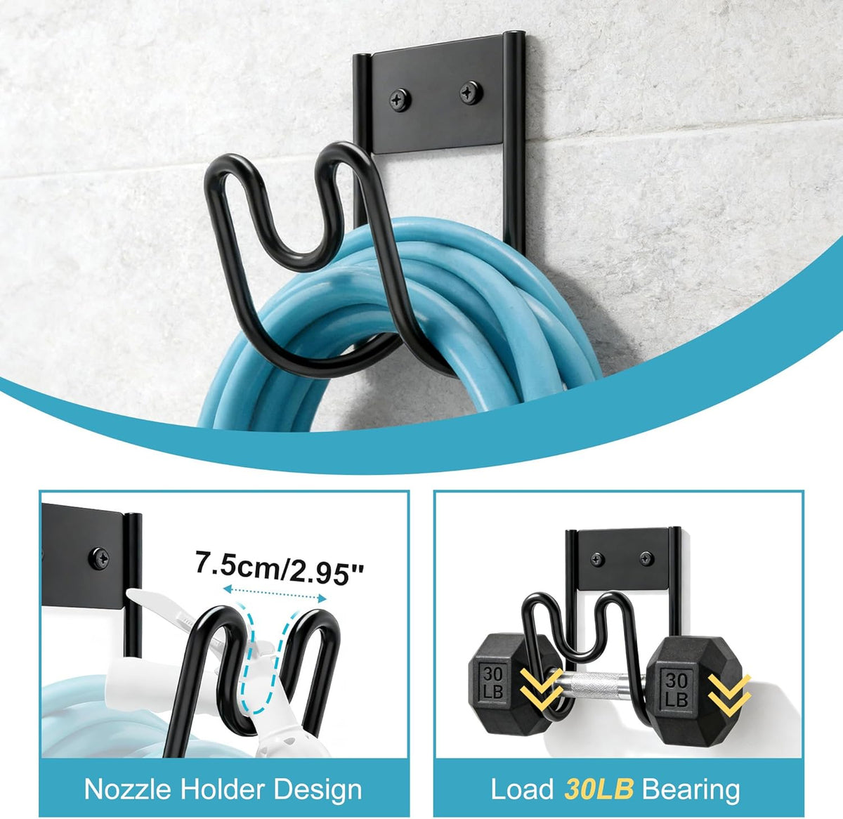 Garden Hose Holder Wall Mount, Heavy Duty Metal Water Hose Hanger for Outside, Sturdy Hose Reel Hooks for Garden, Garage or Yard Storage