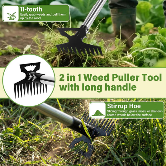 2 in 1 Weeding Puller Tool with Long Handle, 11 Tooth Manual Weed Remover Easy to Install, Uprooting Weed Pulling Tool for Yard, Lawn, Patio and Garden