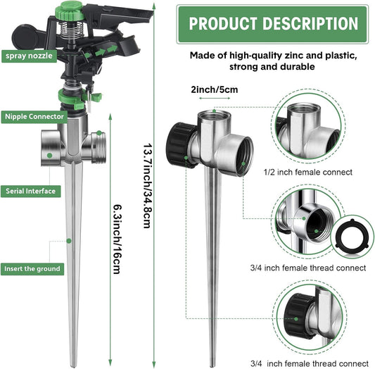 6 Pieces Pulsating Sprinklers with Metal Spike, Adjustable Rotating Impact Sprinkler Large Area Coverage Sprinklers for Yard Lawn Garden Above Ground Sprinkler System (Black and Green)