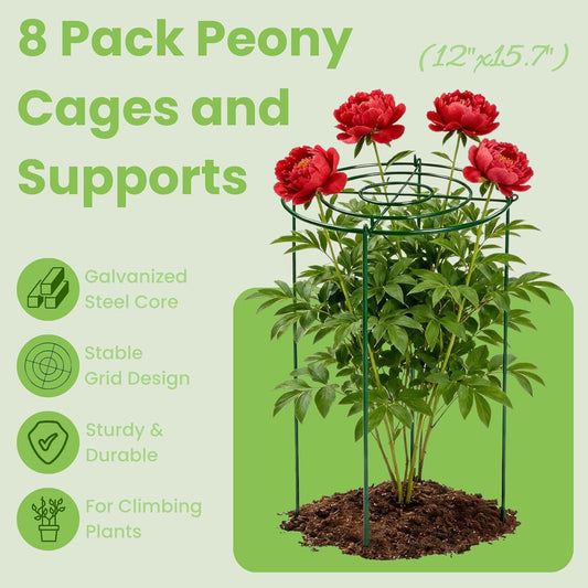 8 Pack Peony Cages and Supports - Heavy Duty Grow Through Metal Plant Support for Outdoor Plants - Plant Support Frame Ring for Rose Tomato Hydrangea Sage Strawberry 12" D x 16" H