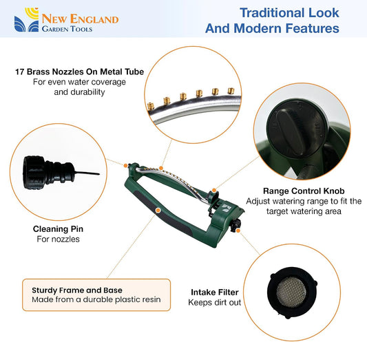 Oscillating Sprinkler 100006, Adjustable Pattern to Cover Up to 2,695 Square Feet, 17 Brass Nozzles on Metal Tube for Even Lawn Watering