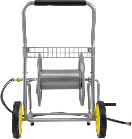 Garden Hose Reel Cart,Holds 230FT 5/8" or 300FT 1/2" Hose,10" Solid Tires, Foam Handle, Storage Basket for Yard, Lawn, Sliver
