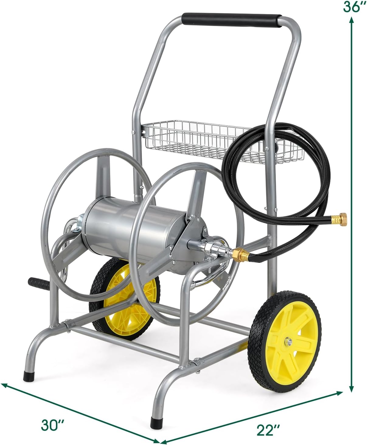 Garden Hose Reel Cart,Holds 230FT 5/8" or 300FT 1/2" Hose,10" Solid Tires, Foam Handle, Storage Basket for Yard, Lawn, Sliver